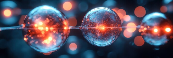 Connected glowing spheres, abstract science background.