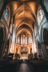 Stunning interior of a grand cathedral showcasing intricate architecture and captivating lighting effects from stained glass windows