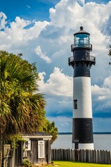Black and white lighthouse stands tall by the waterfront under a bright blue sky with scattered clouds