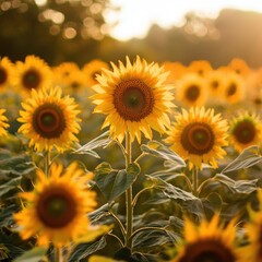 Obraz premium Vibrant Sunflowers Growing in a Field During Golden Hour Light