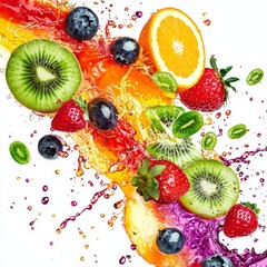 Vibrant Splash of Fresh Fruits with Water Droplets in Colorful and Dynamic Composition Ideal for Healthy Lifestyle Themes