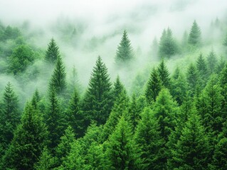 Fototapeta premium Misty Forest: Lush Green Conifers Enveloped in Fog, Tranquil Nature Scene