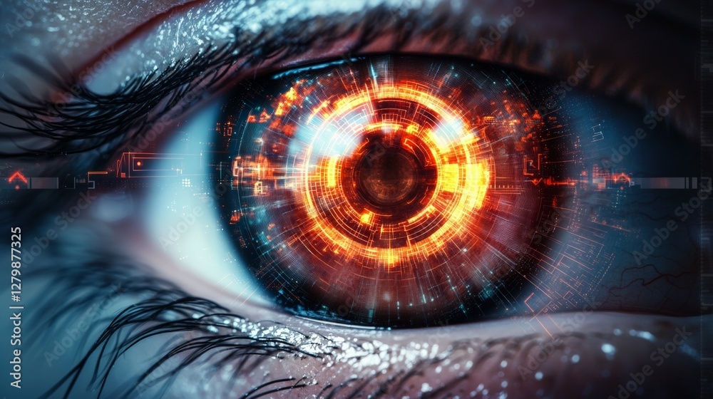Poster close up of a futuristic bionic eye displaying a complex heads up display interface, suggesting adva