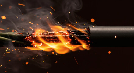 burning electrical cable with intense flames, smoke, and sparks, symbolizing fire hazards and electrical safety risks. Perfect for illustrating danger, accidents, or safety awareness campaigns.
