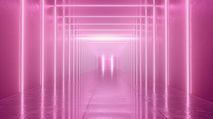 Futuristic Neon Pink Corridor with Reflections and Bright Lights