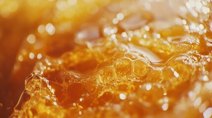 Close-up of golden honey texture, bubbles and light reflections. Perfect for food, health, or beauty product advertising, evokes natural sweetness.