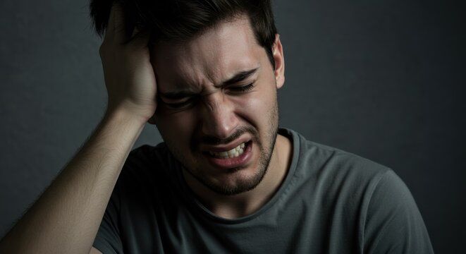 Young man showing how much head hurts, experiencing pain, looking miserable and exhausted. Headache concept.