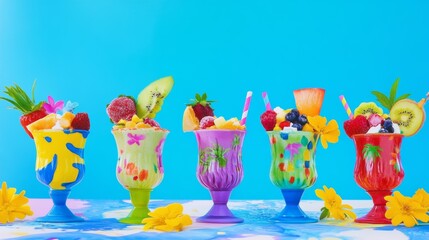 Naklejka premium Colorful fruit cocktails arranged on a bright blue background with tropical decorations and garnishes for a summer party