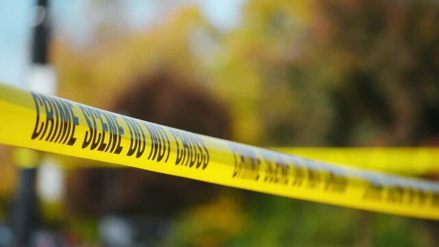 A bright yellow Crime Scene Do Not Cross tape stretched across an urban environment, marking a restricted area for investigation. 