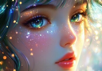 Young woman with enchanting green hair, sparkling eyes, and whimsical glimmer highlighting her face against a dreamy fantasy backdrop of shimmering lights