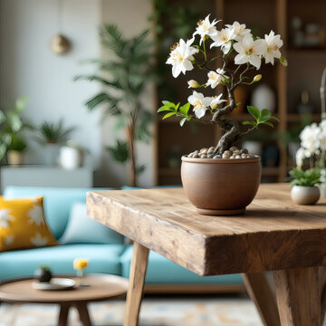 A serene vintage wooden table shelf featuring a pebble arrangement and a potted blooming bonsai with white flowers. Set in a colorful living room with a turquoise sofa, coffee table, and minimalist de