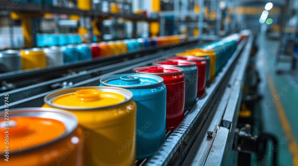Aufkleber colored cans in various hues are moving along a conveyor belt in a busy industrial setting with soft