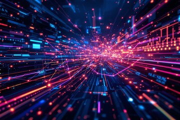 Naklejka premium Abstract futuristic digital data network with glowing lines and dots on a dark background. Concept of artificial intelligence, big data, and cybersecurity. Ai generative