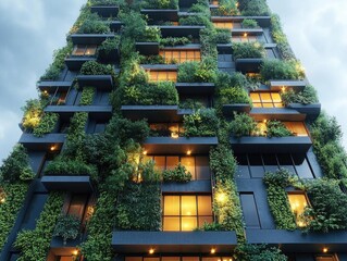 Vertical Greenery: Building Design, Eco-Friendly Apartments, Lush Walls, Nature Integrated Architecture, Modern Building Facade, Evening Ambiance