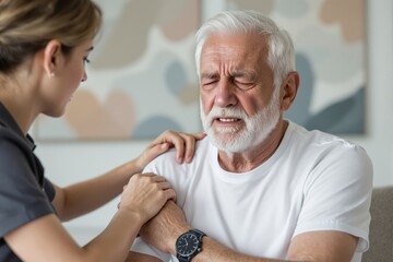 Elderly man suffering chest pain, supported by a caregiver. Indoor setting with abstract background. Concept of healthcare, emergency, and elderly care. Ai generative