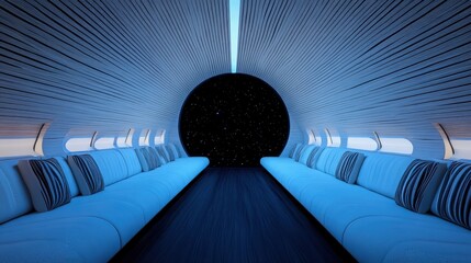 Futuristic interior of a spacecraft lounge with plush seating and starry void at the end, illuminated in blue tones