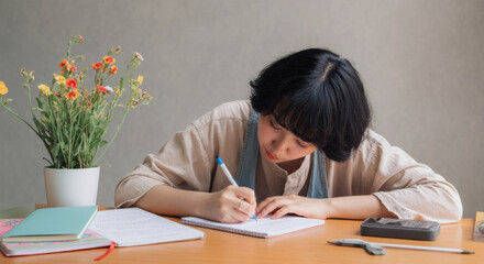 A woman is writing in a notebook on a table