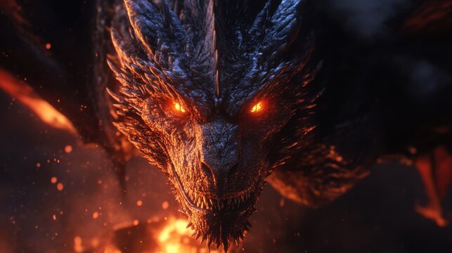 Dragon Face Close-up with Orange Eyes and Fiery Background