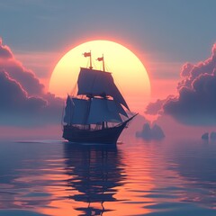 Obraz premium Sailing ship at sunset, ocean, clouds, golden hour.