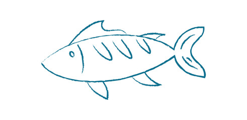 Tuna silhouette doodle. Flat design of a fish shape. Aquatic creature in the ocean, graphic representation with chalk texture, potential for marine projects. Chalk and crayon style
