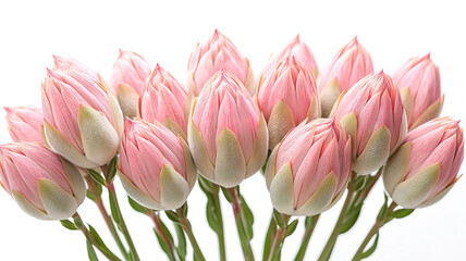 Fototapeta premium Close-up of Protea Buds and Pink King Protea Flowers for a Beautiful Valentine's Day Bouquet