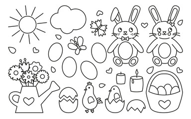 Fototapeta premium Line-art Easter clipart set featuring rabbits, eggs, chicks, flowers, and seasonal elements. Black-and-white outline vector set for coloring pages, prints, and digital designs