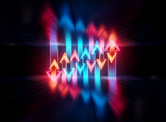 Abstract image with glowing arrows pointing up and down in neon blue and red colors on a dark background with light streaks.