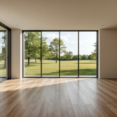 A spacious modern room with a large panoramic window overlooking a green meadow and trees. Features a balcony, parquet wooden floor, and contemporary architecture, perfect for interior design inspirat