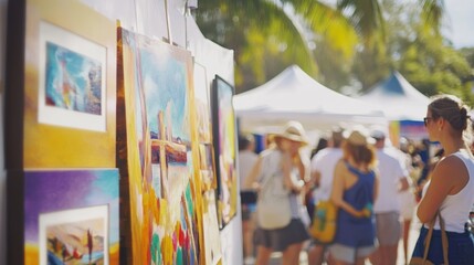 Art enthusiasts explore colorful artworks at an outdoor festival in a sunny location during the day