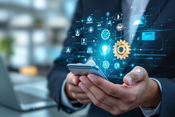Businessman holding smartphone with digital automation interface, icons, and settings on blurred office background. Concept of innovation and technology. Ai generative