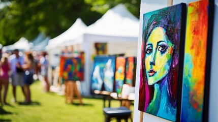 Colorful artwork displayed at an outdoor art festival with visitors enjoying the vibrant atmosphere