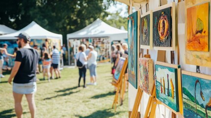 Vibrant arts and crafts festival showcasing local talent in a park setting with attendees enjoying the day