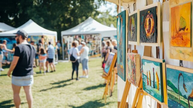 Vibrant arts and crafts festival showcasing local talent in a park setting with attendees enjoying the day