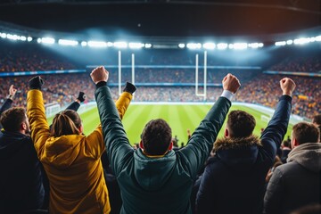 Enthusiastic rugby fans cheer in a crowded stadium with bright lights and a field in the background, capturing the concept of sports excitement. Ai generative