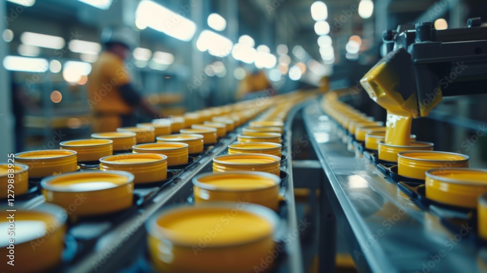 Poster workers in safety gear manage the assembly line, where yellow containers are filled and moved along 