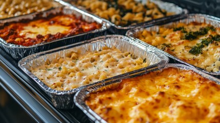 Fototapeta premium Casserole dishes filled with various pasta and cheese meals prepared for a family gathering at a local kitchen