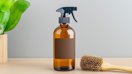 Amber Glass Spray Bottle with Brush and Green Plant on Table