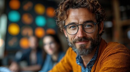Obraz premium Man smiles, cafe meeting, bokeh background, teamwork