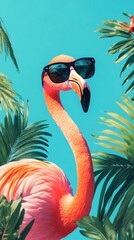 Obraz premium An exotic tropical summer travel scene featuring a playful pink flamingo wearing sunglasses, surrounded by vibrant palm leaves and tropical branches, summer beach party or summer sale promotion