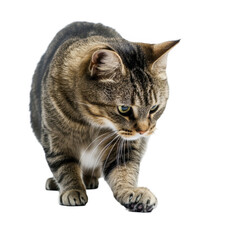 Obraz premium Playful Tabby Cat Approaching with Curiosity on a White Background
