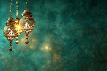 green bannre Ornate Islamic hanging lamps glow with golden light on a gradient emerald-green-to-gold background, perfect for festive Ramadan messages and designs