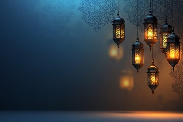 banner blue Ornate Islamic hanging lamps glow with golden light on a gradient emerald-green-to-gold background, perfect for festive Ramadan messages and designs
