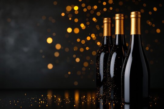Three elegant wine bottles with golden caps, standing against a dark background with glowing golden bokeh lights. Luxury celebration concept. Ai generative