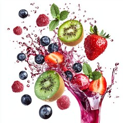 Fresh and Vibrant Splash of Mixed Fruits with Mint Leaves on a Light Background