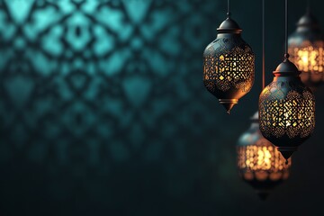 green bannre Ornate Islamic hanging lamps glow with golden light on a gradient emerald-green-to-gold background, perfect for festive Ramadan messages and designs