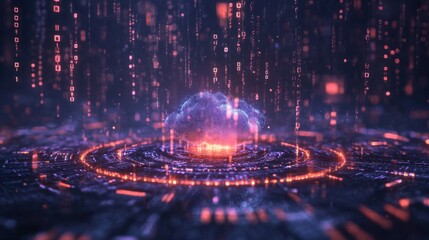A holographic cloud integrated with a microchip on a dark background, surrounded by binary codes