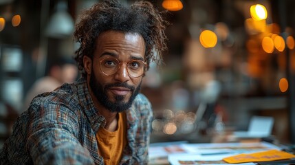 Fototapeta premium Man with glasses, cafe, serious expression, blurred background, portrait