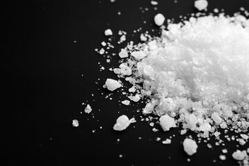Heap of white crystalline powder against a stark black backdrop