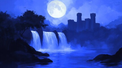 Serene night landscape with a majestic waterfall cascading under a full moon, and a distant castle silhouette