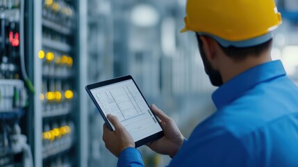 Worker with Tablet in Industrial Environment Monitoring High-Tech Equipment in Data Center